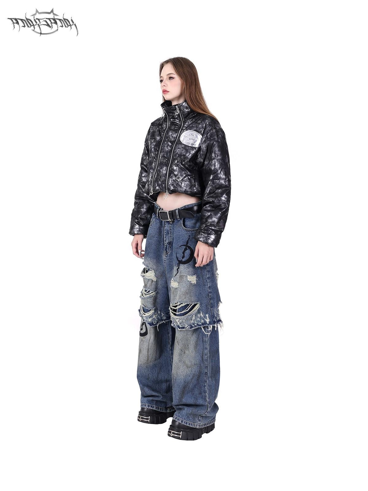 PINKSPINK Double Layer Super Ripped Frayed Hem Wide Leg Women's Denim Distressed Jeans