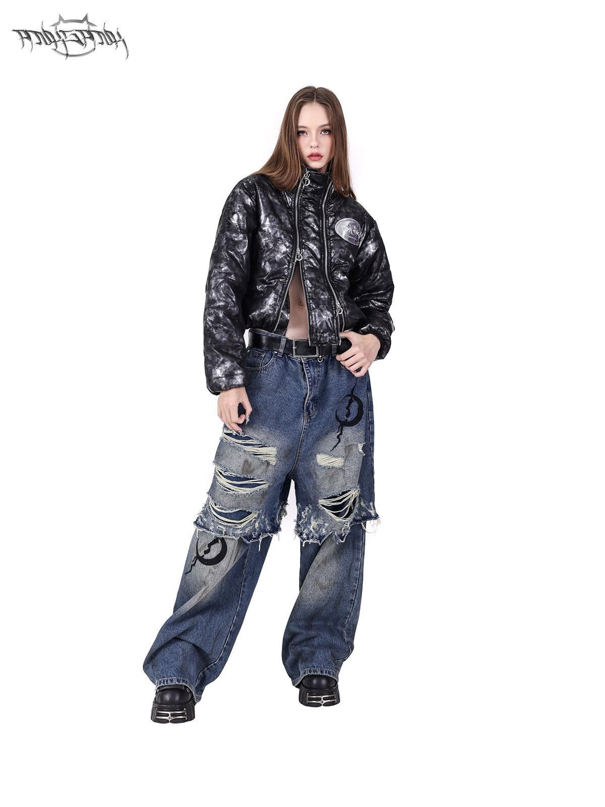 PINKSPINK Double Layer Super Ripped Frayed Hem Wide Leg Women's Denim Distressed Jeans