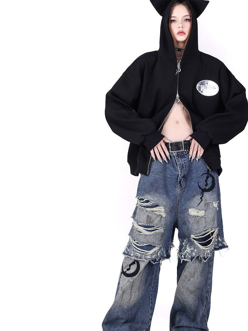 PINKSPINK Double Layer Ultra Ripped Frayed Edge Wide Leg Women's Denim Distressed Jeans
