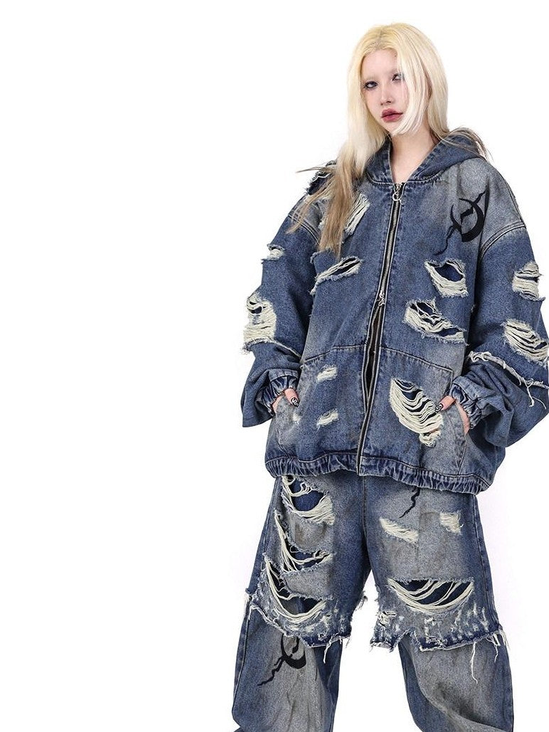 PINKSPINK Double Layer Ultra Ripped Frayed Edge Wide Leg Women's Denim Distressed Jeans