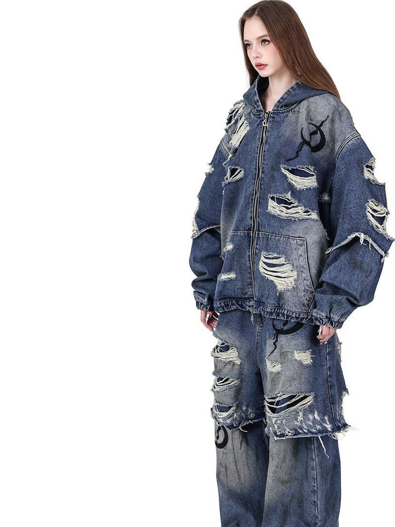 PINKSPINK Double Layer Ultra Ripped Frayed Edge Wide Leg Women's Denim Distressed Jeans