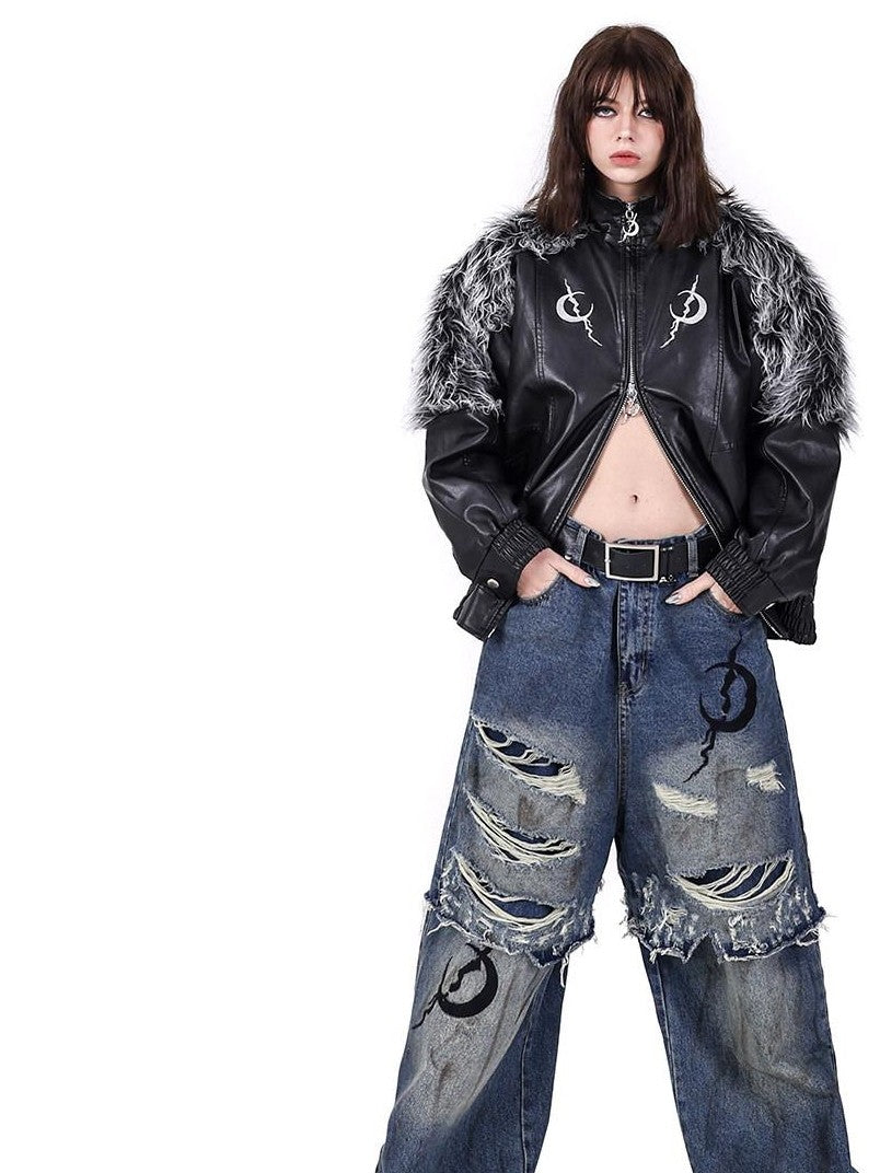 PINKSPINK Double Layer Ultra Ripped Frayed Edge Wide Leg Women's Denim Distressed Jeans