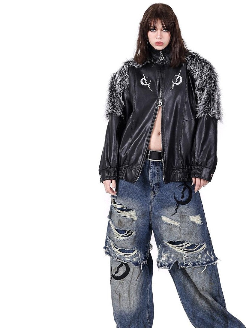 PINKSPINK Double Layer Ultra Ripped Frayed Edge Wide Leg Women's Denim Distressed Jeans