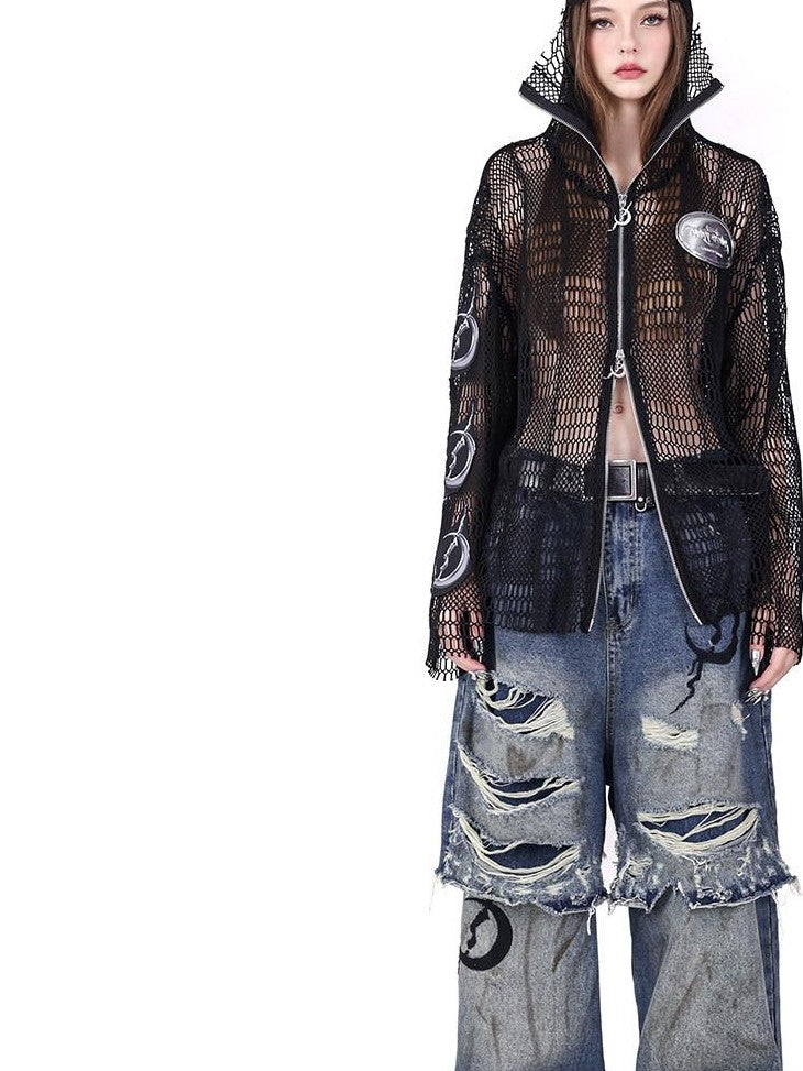 PINKSPINK Double Layer Ultra Ripped Frayed Edge Wide Leg Women's Denim Distressed Jeans