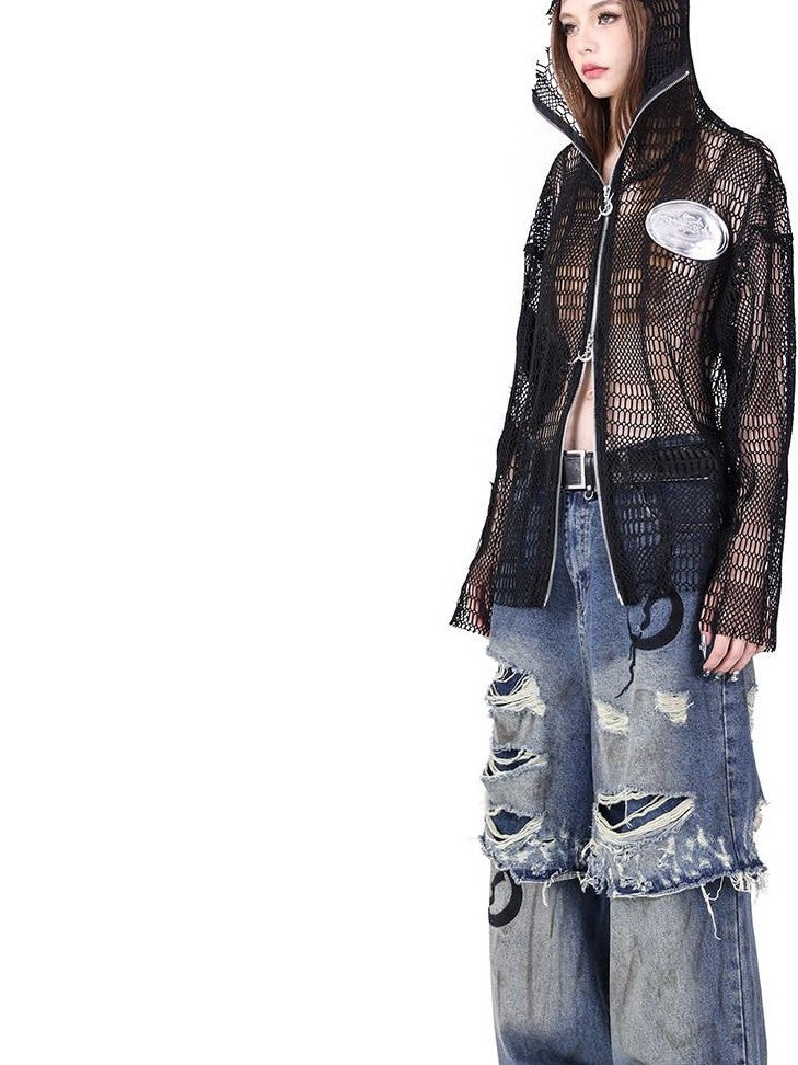 PINKSPINK Double Layer Ultra Ripped Frayed Edge Wide Leg Women's Denim Distressed Jeans