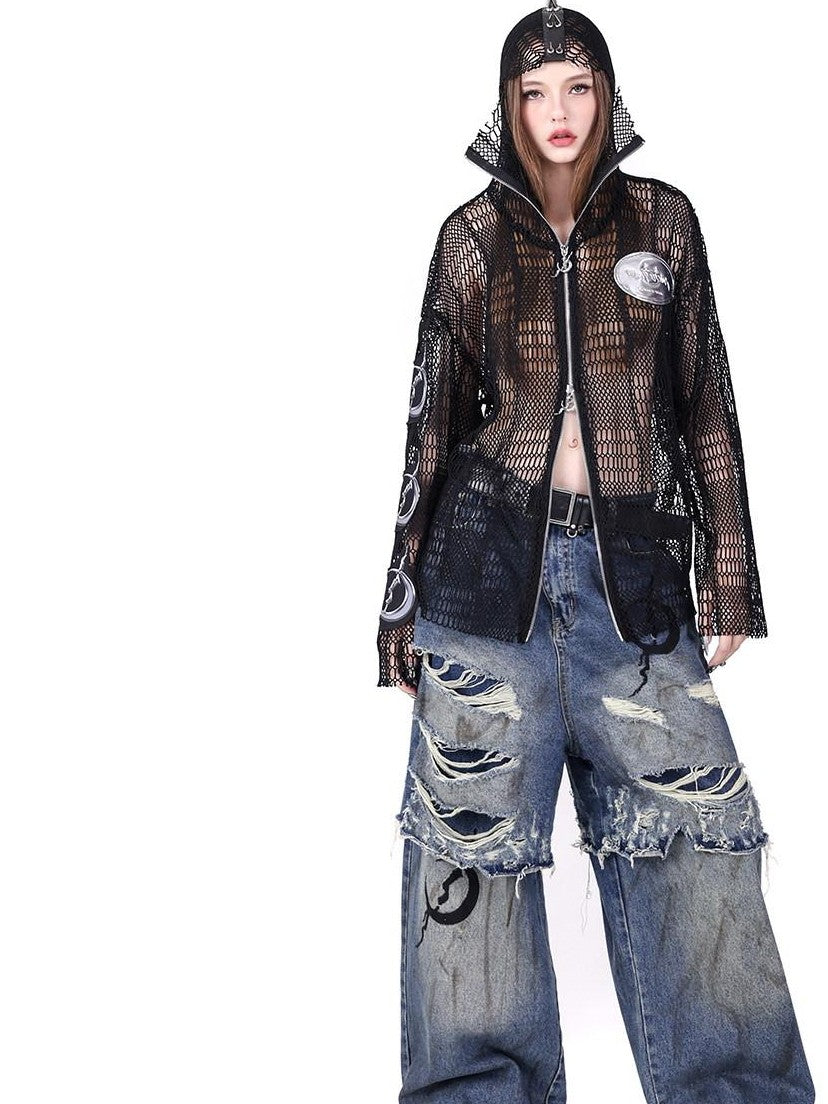 PINKSPINK Double Layer Ultra Ripped Frayed Edge Wide Leg Women's Denim Distressed Jeans