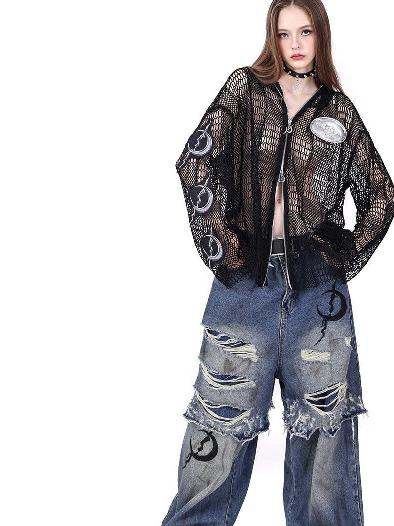 PINKSPINK Double Layer Ultra Ripped Frayed Edge Wide Leg Women's Denim Distressed Jeans