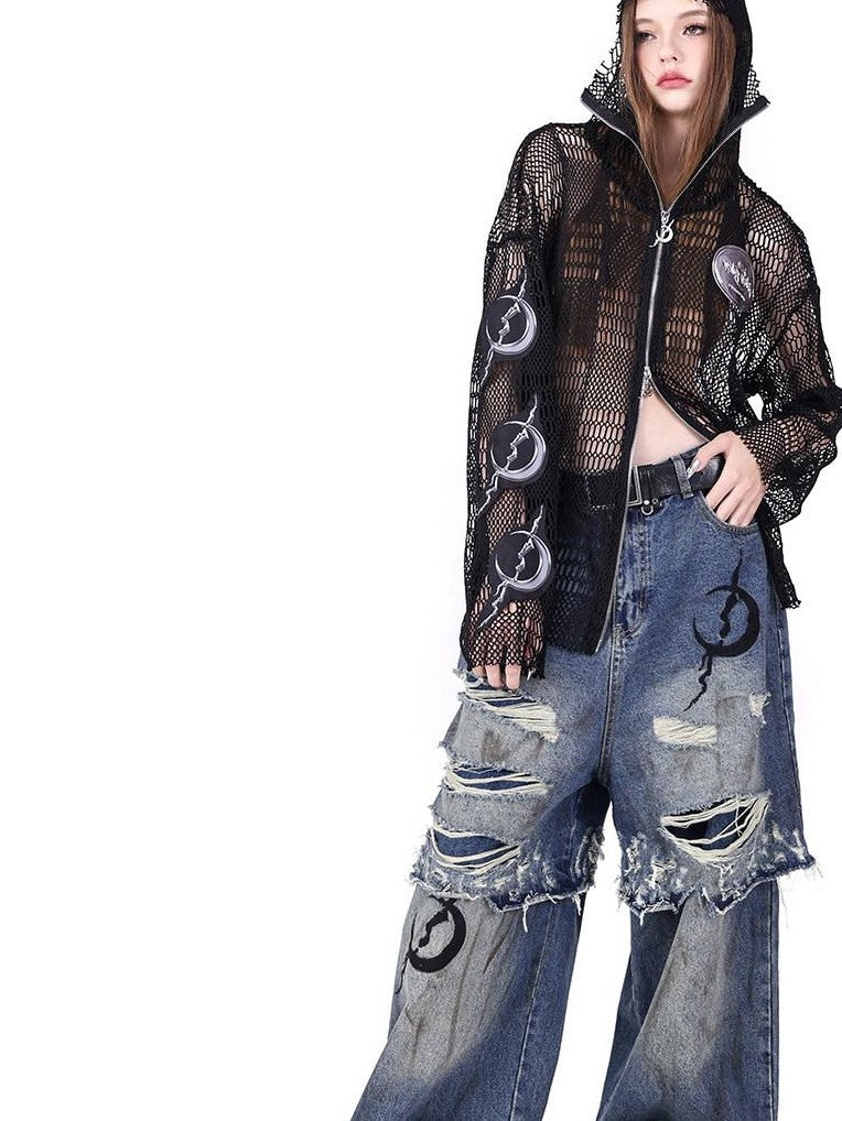 PINKSPINK Double Layer Ultra Ripped Frayed Edge Wide Leg Women's Denim Distressed Jeans