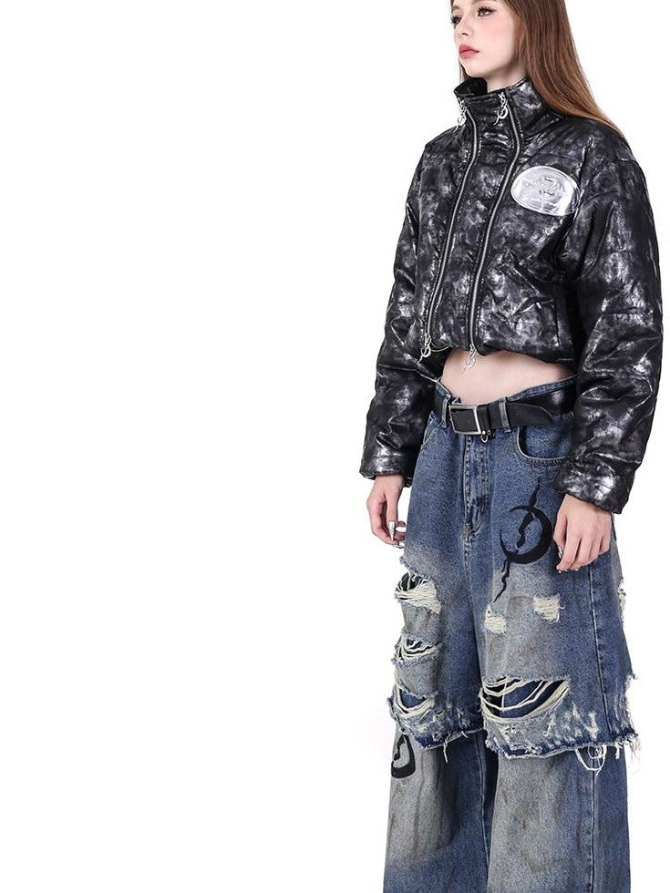 PINKSPINK Double Layer Ultra Ripped Frayed Edge Wide Leg Women's Denim Distressed Jeans