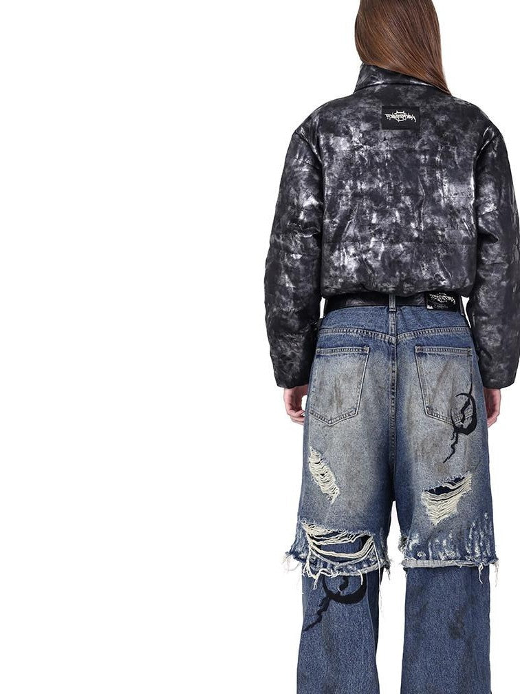 PINKSPINK Double Layer Ultra Ripped Frayed Edge Wide Leg Women's Denim Distressed Jeans