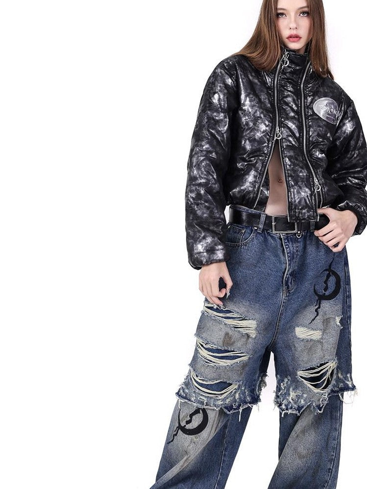 PINKSPINK Double Layer Ultra Ripped Frayed Edge Wide Leg Women's Denim Distressed Jeans
