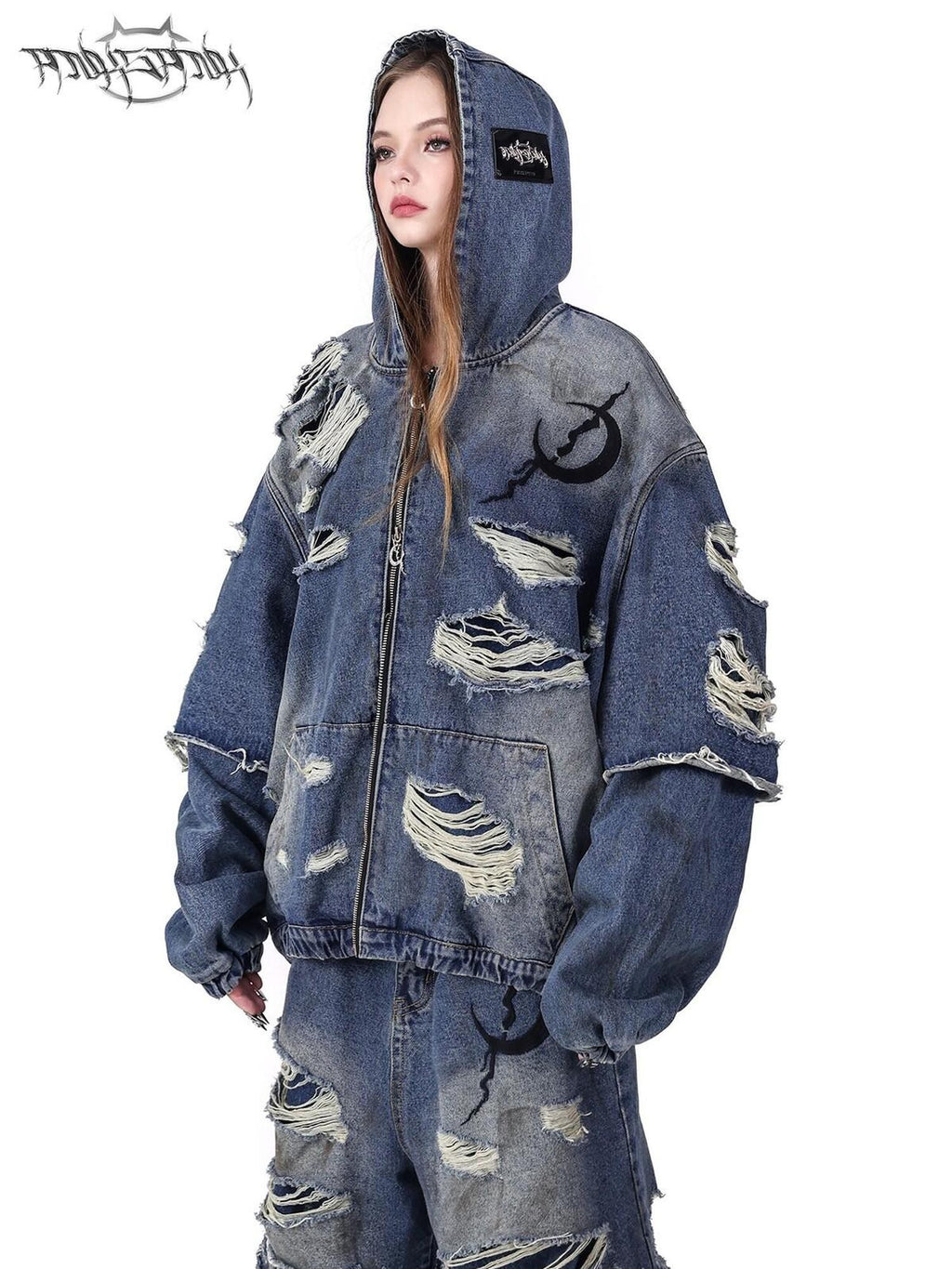 PINKSPINK Double Layer Vintage Wash Ripped Oversized Hooded Women's Cotton Denim Jackets