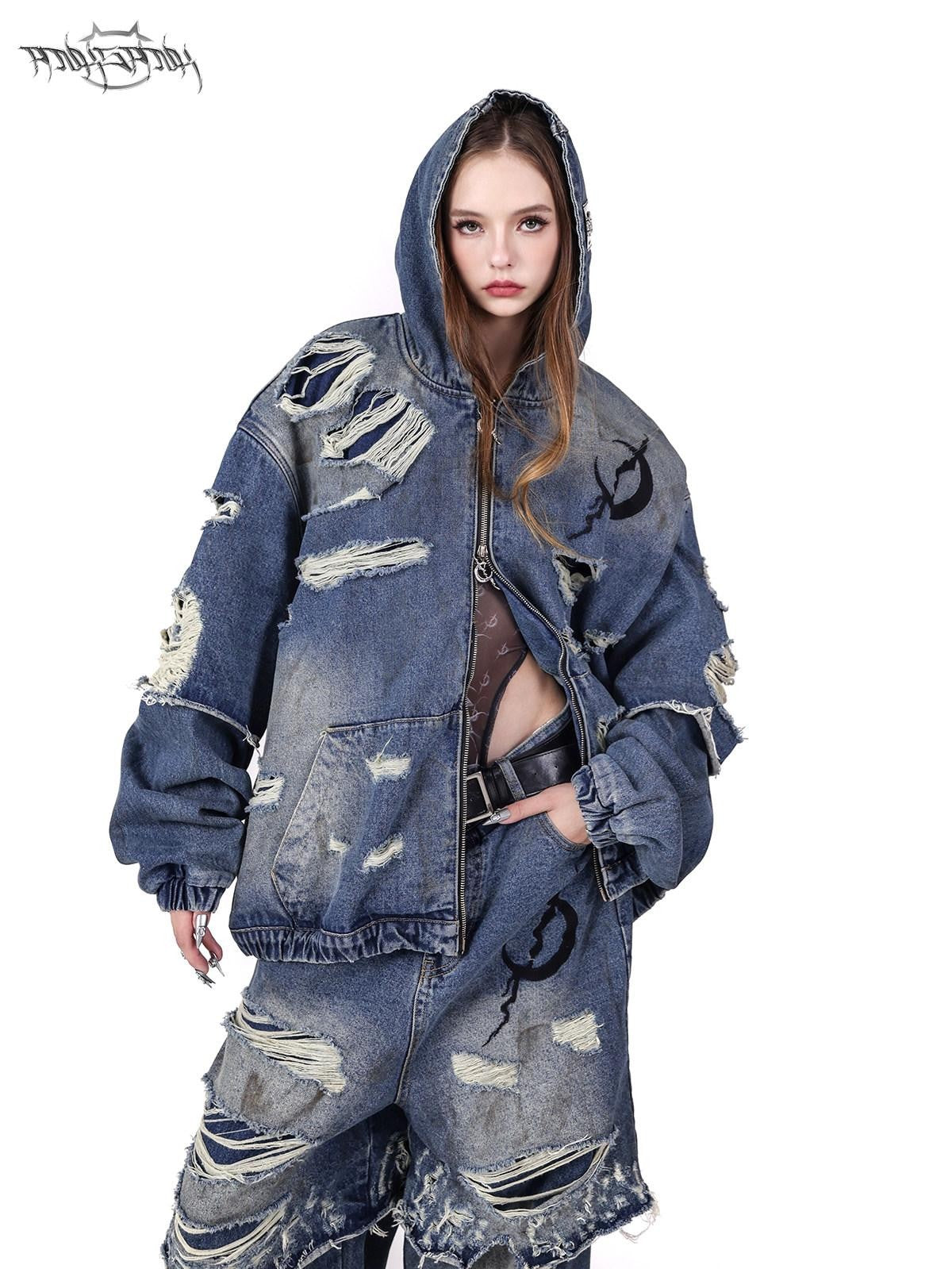 PINKSPINK Double Layer Vintage Wash Ripped Oversized Hooded Women's Cotton Denim Jackets