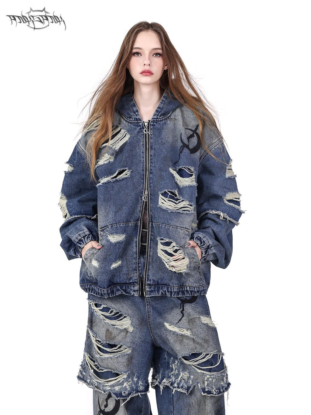 PINKSPINK Double Layer Vintage Wash Ripped Oversized Hooded Women's Cotton Denim Jackets