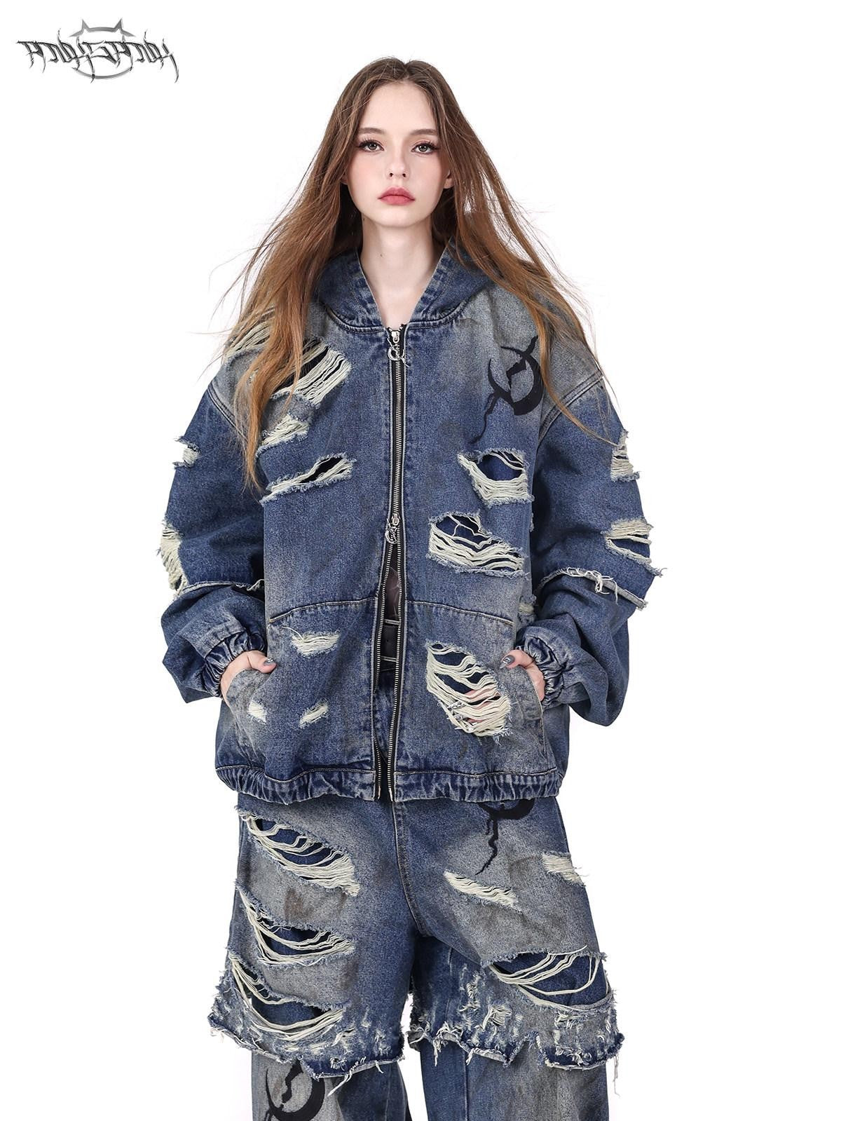 PINKSPINK Double Layer Vintage Wash Ripped Oversized Hooded Women's Cotton Denim Jackets