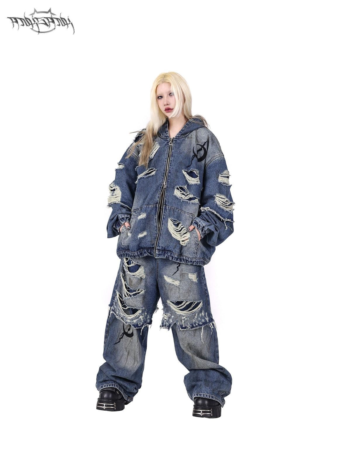 PINKSPINK Double Layer Vintage Wash Ripped Oversized Hooded Women's Cotton Denim Jackets