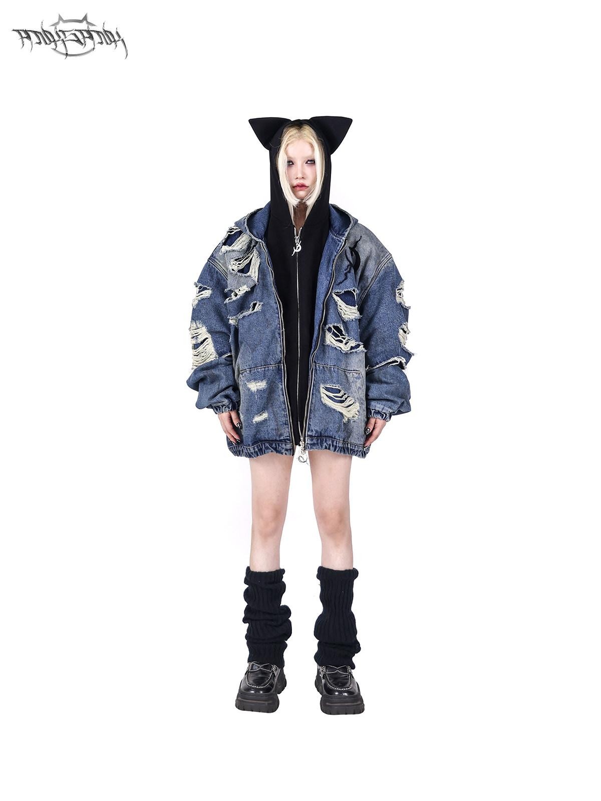PINKSPINK Double Layer Vintage Wash Ripped Oversized Hooded Women's Cotton Denim Jackets