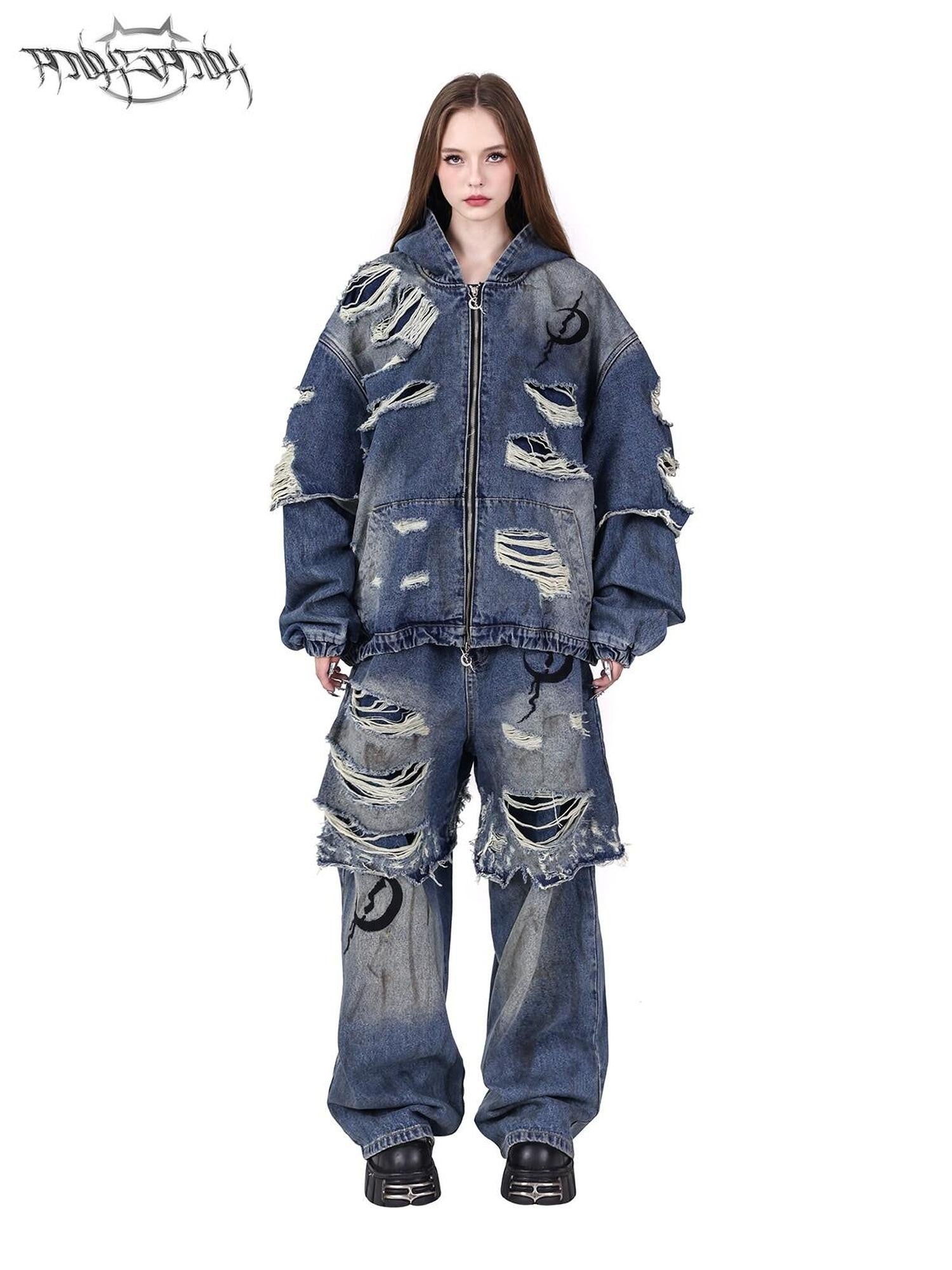 PINKSPINK Double Layer Vintage Wash Ripped Oversized Hooded Women's Cotton Denim Jackets