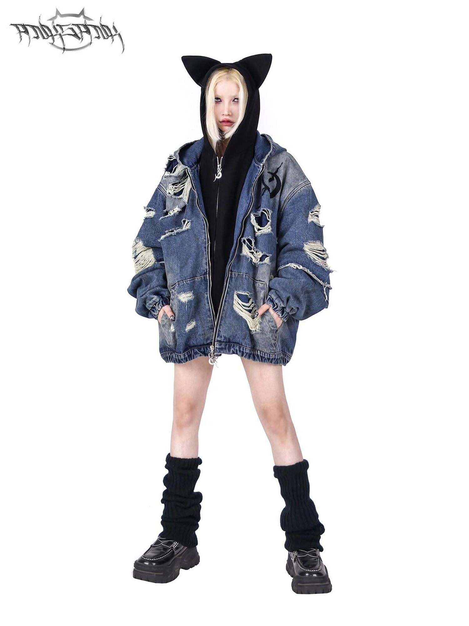 PINKSPINK Double Layer Vintage Wash Ripped Oversized Hooded Women's Cotton Denim Jackets