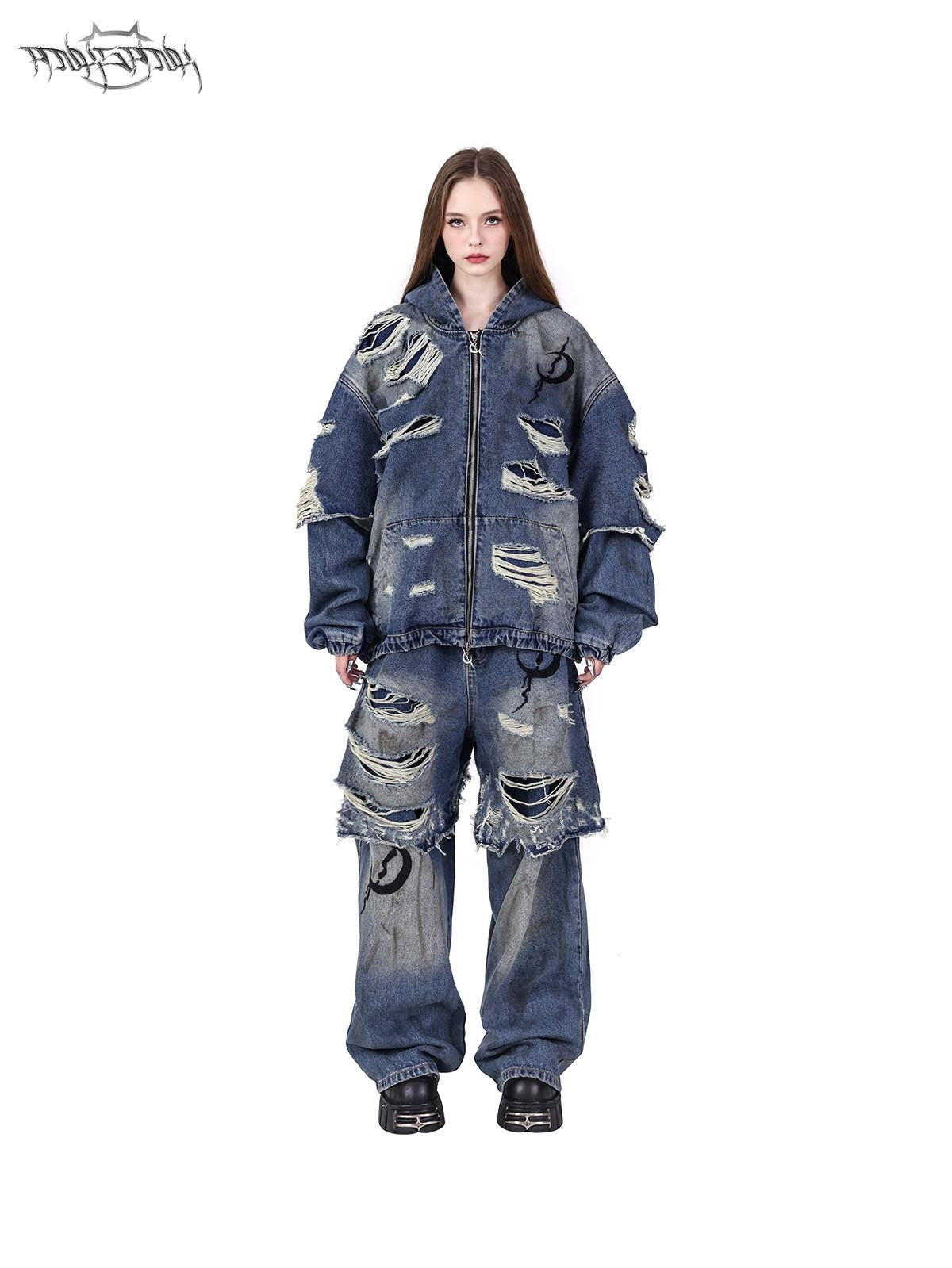 PINKSPINK Double Layer Vintage Wash Ripped Oversized Hooded Women's Cotton Denim Jackets