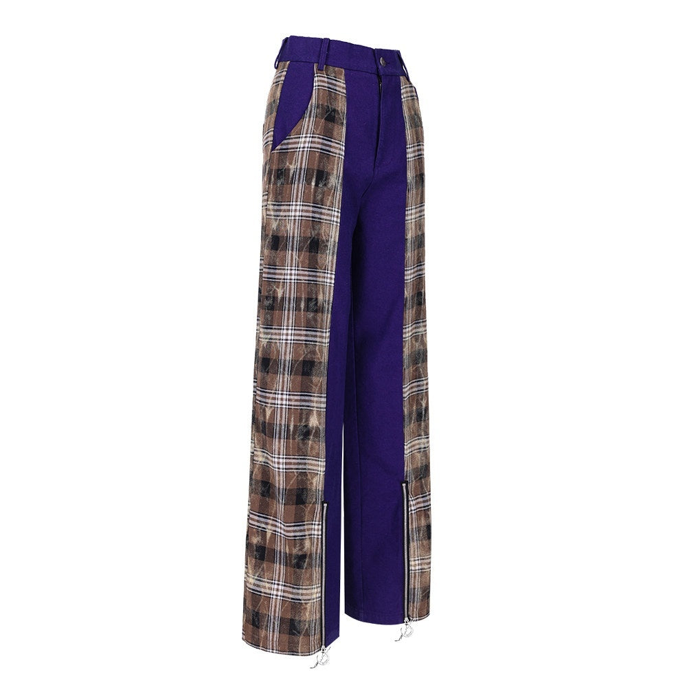 PINKSPINK_Dream_Purple_Patchwork_Zipper_Plaid_Asymmetric_Pocket_Women's_Wide-leg_Pants_685344893469_MISSTT