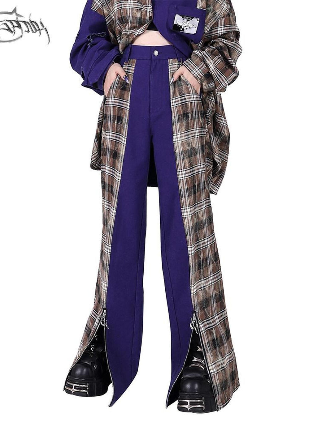 PINKSPINK Dream Purple Patchwork Zipper Plaid Asymmetric Pocket Women's Wide-leg Pants
