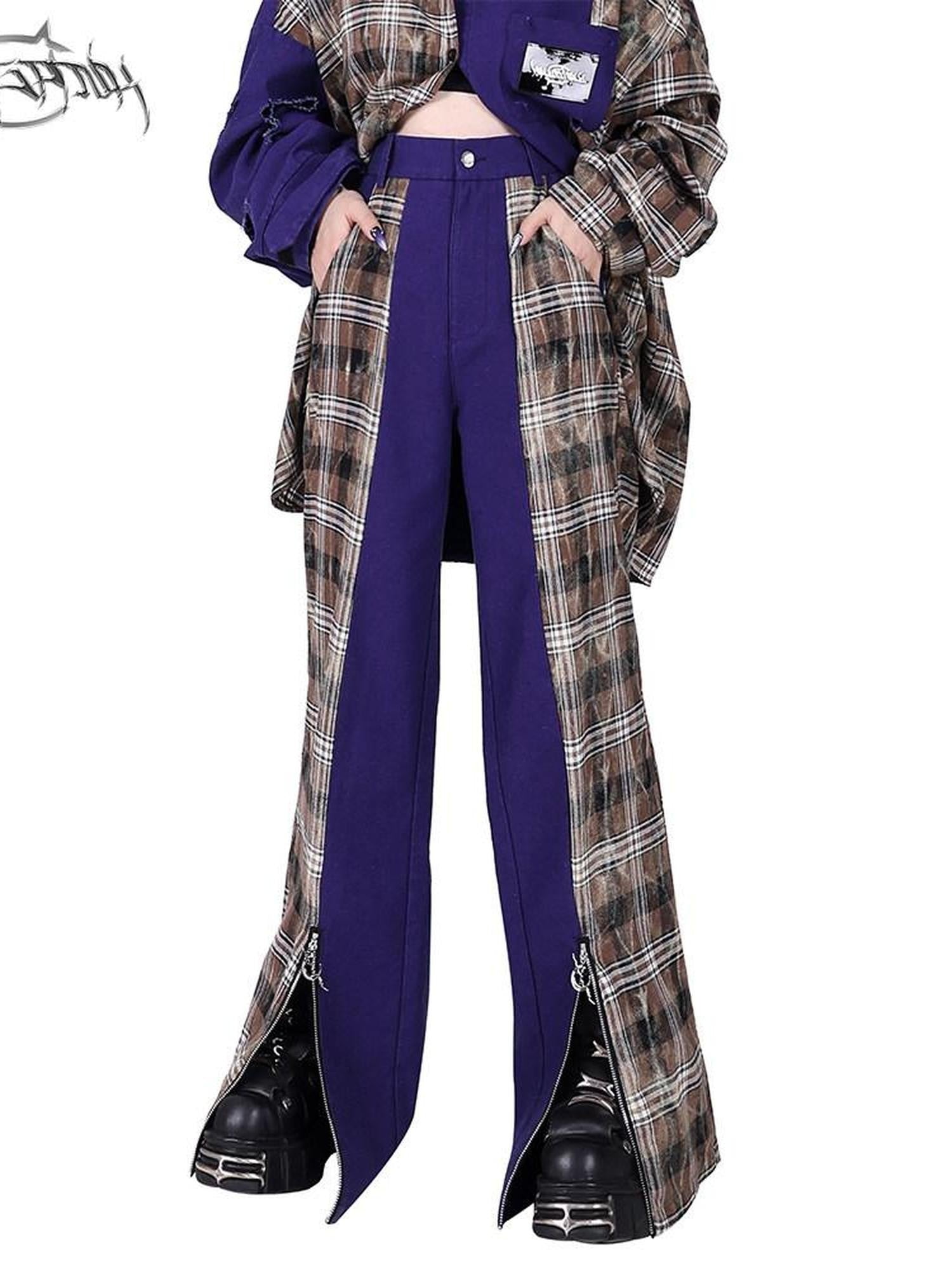PINKSPINK Dream Purple Patchwork Zipper Plaid Asymmetric Pocket Women's Wide-leg Pants