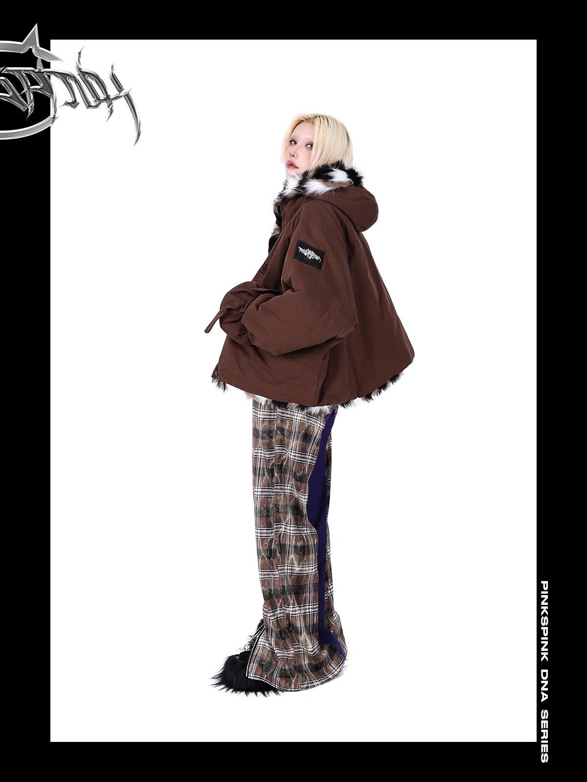 PINKSPINK Dream Purple Patchwork Zipper Plaid Asymmetric Pocket Women's Wide-leg Pants