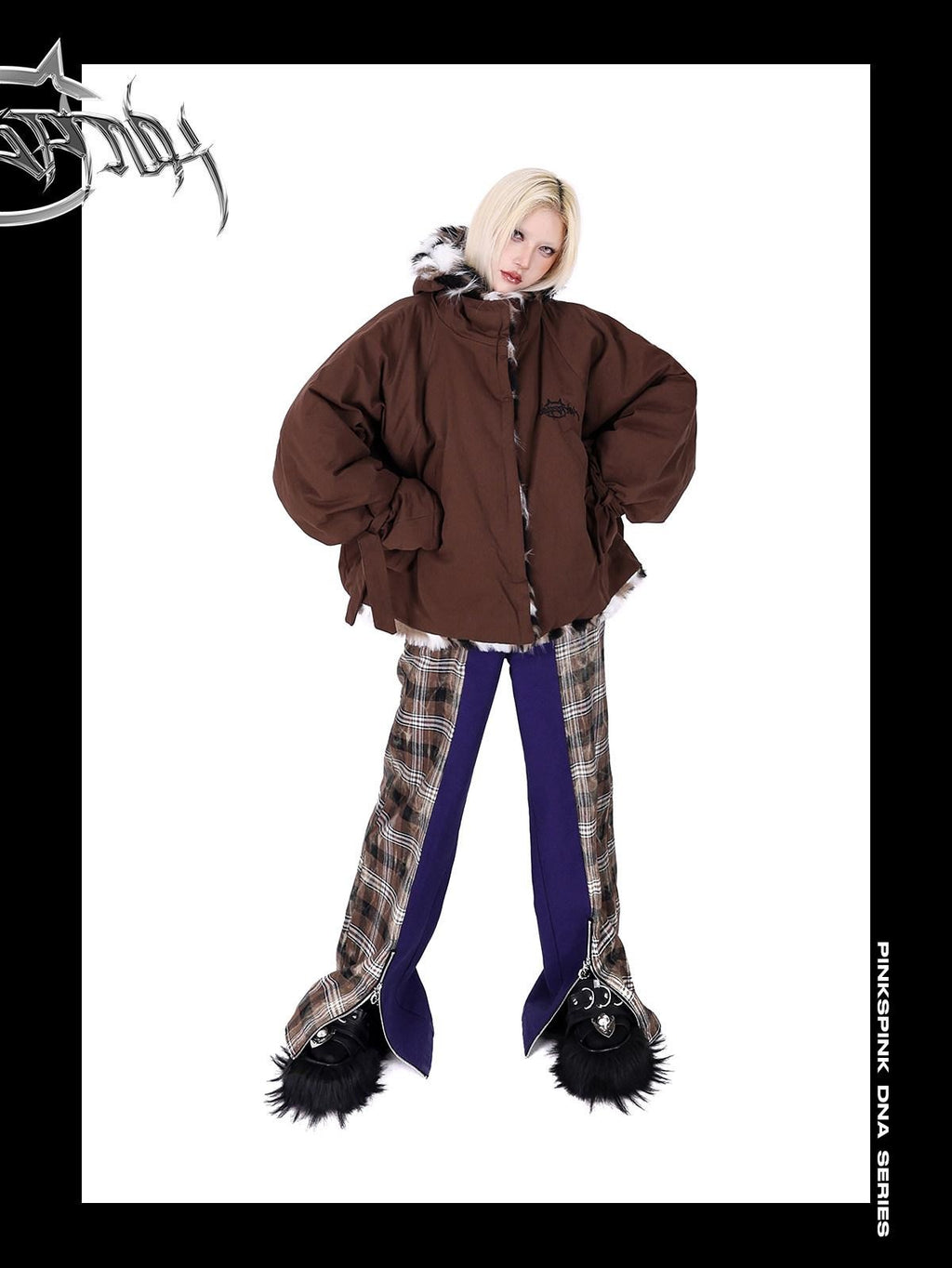 PINKSPINK Dream Purple Patchwork Zipper Plaid Asymmetric Pocket Women's Wide-leg Pants