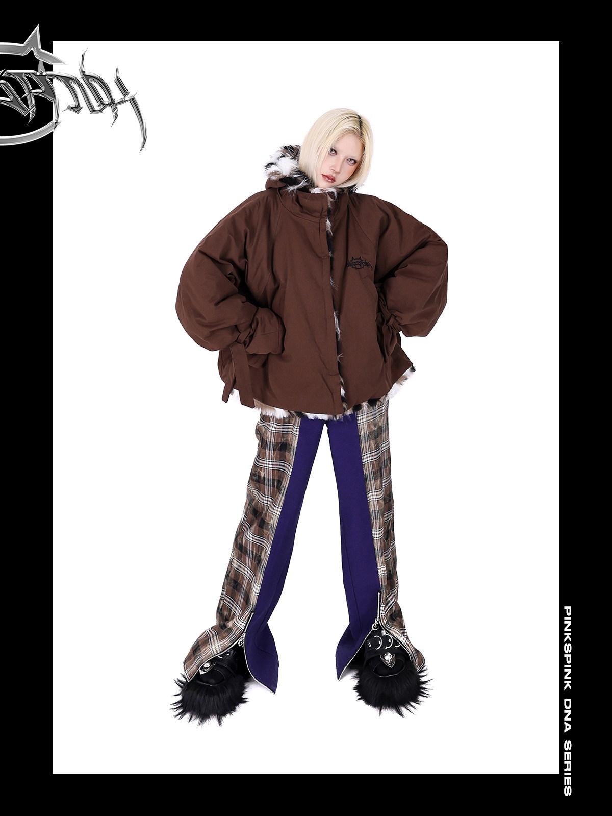 PINKSPINK Dream Purple Patchwork Zipper Plaid Asymmetric Pocket Women's Wide-leg Pants