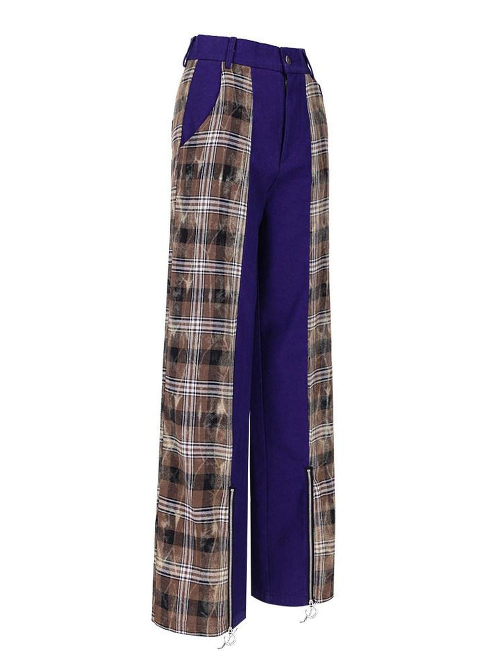 PINKSPINK Dream Purple Patchwork Zipper Plaid Asymmetric Pocket Women's Wide-leg Pants