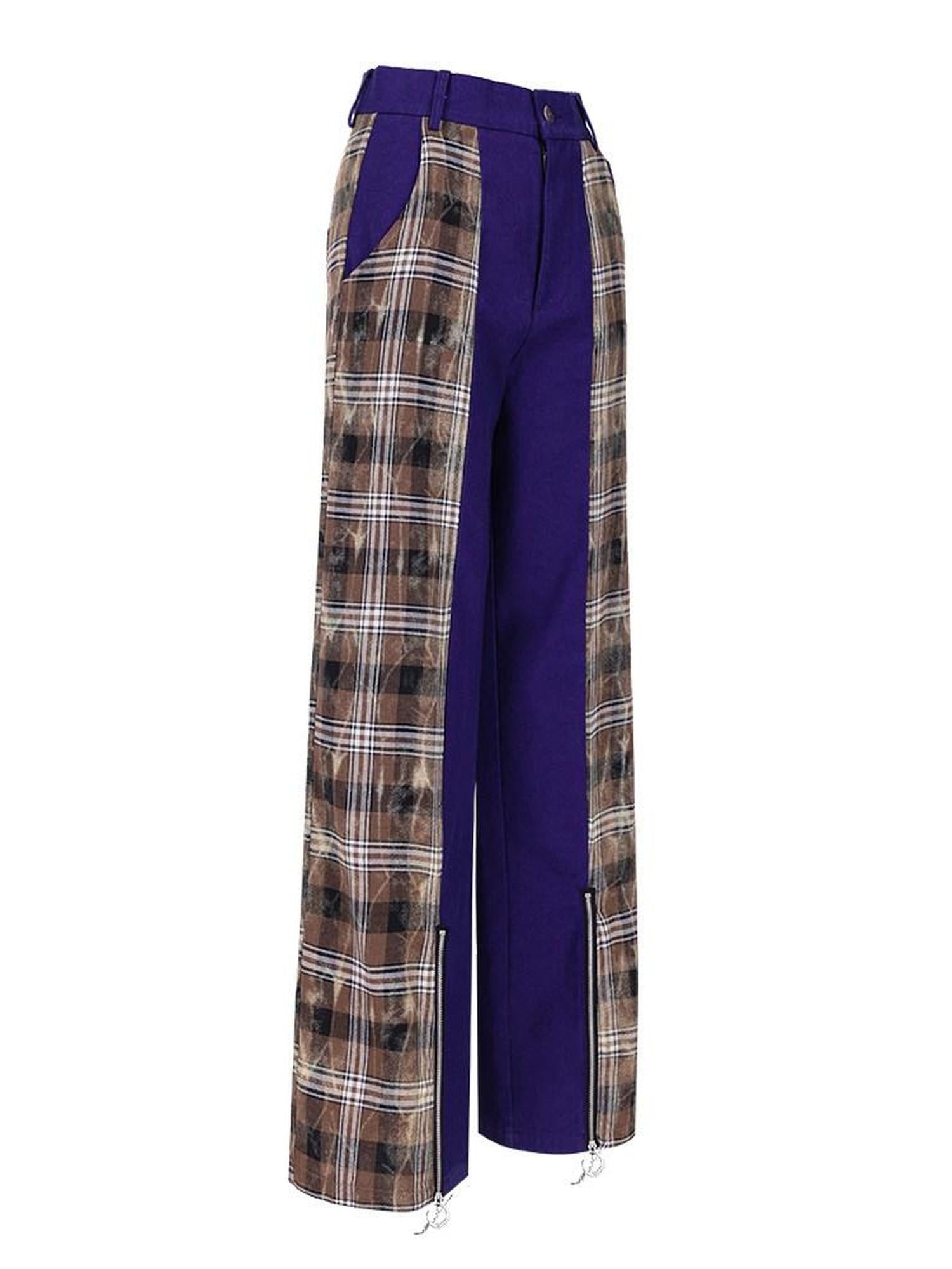 PINKSPINK Dream Purple Patchwork Zipper Plaid Asymmetric Pocket Women's Wide-leg Pants