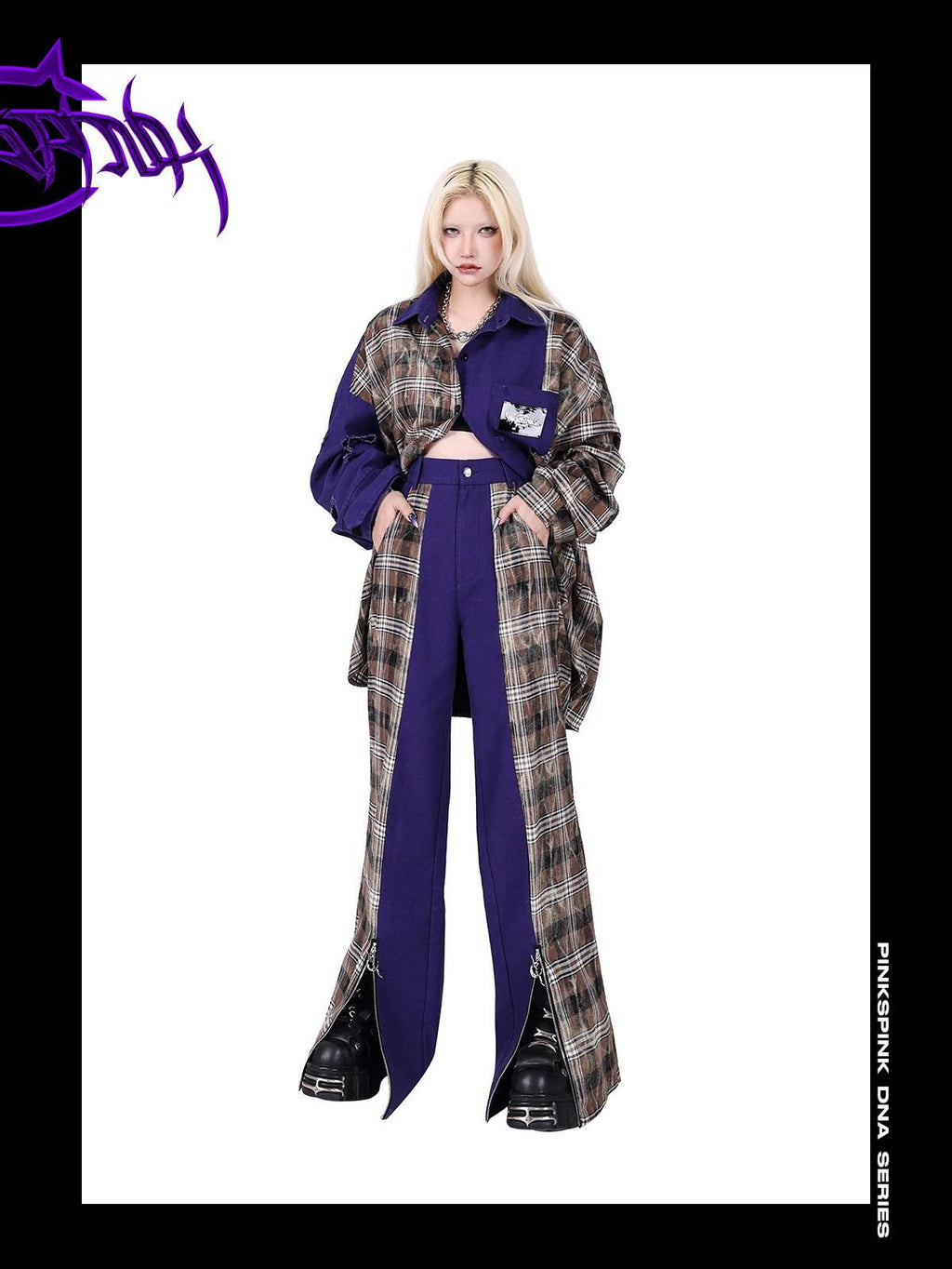 PINKSPINK Dream Purple Patchwork Zipper Plaid Asymmetric Pocket Women's Wide-leg Pants
