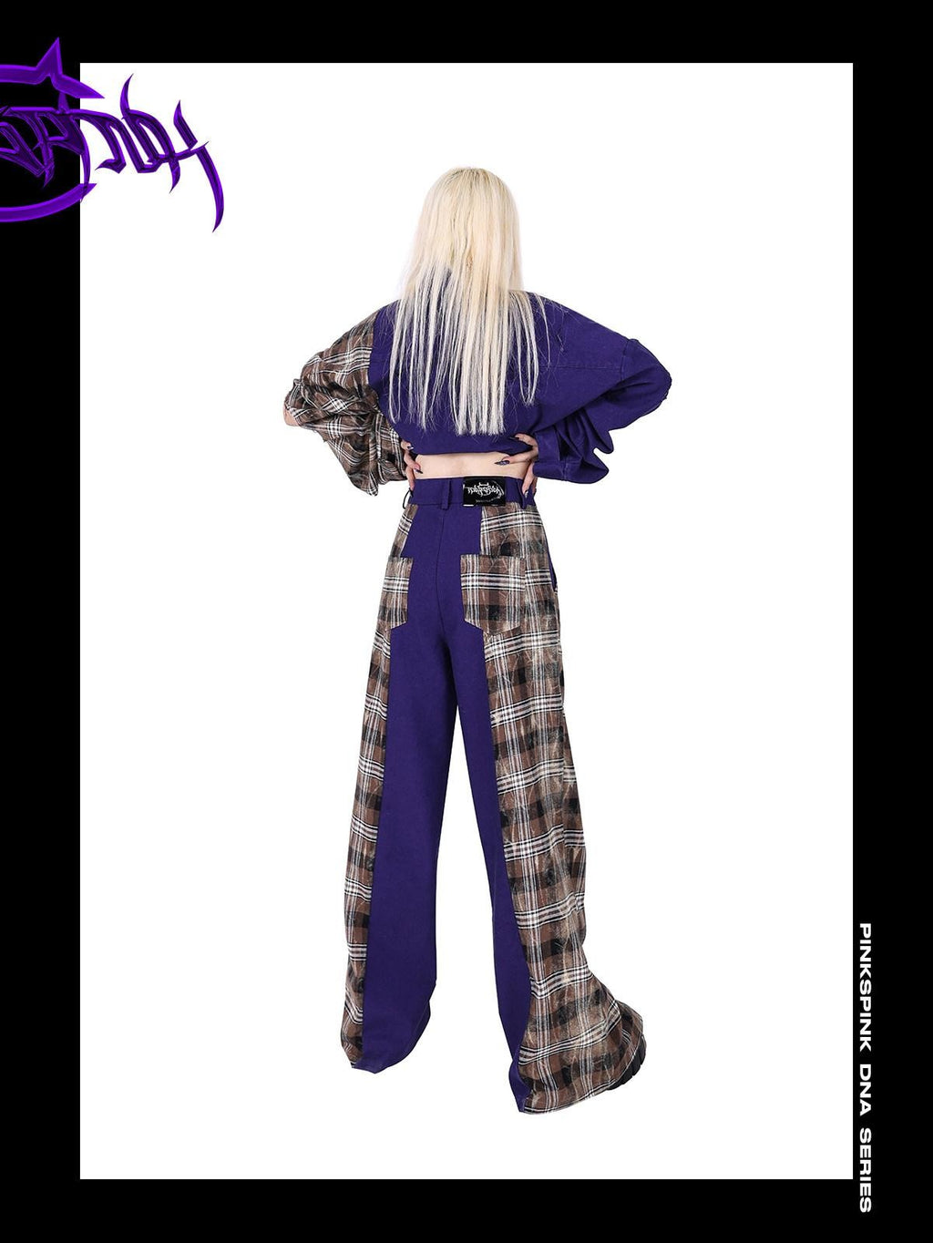 PINKSPINK Dream Purple Patchwork Zipper Plaid Asymmetric Pocket Women's Wide-leg Pants