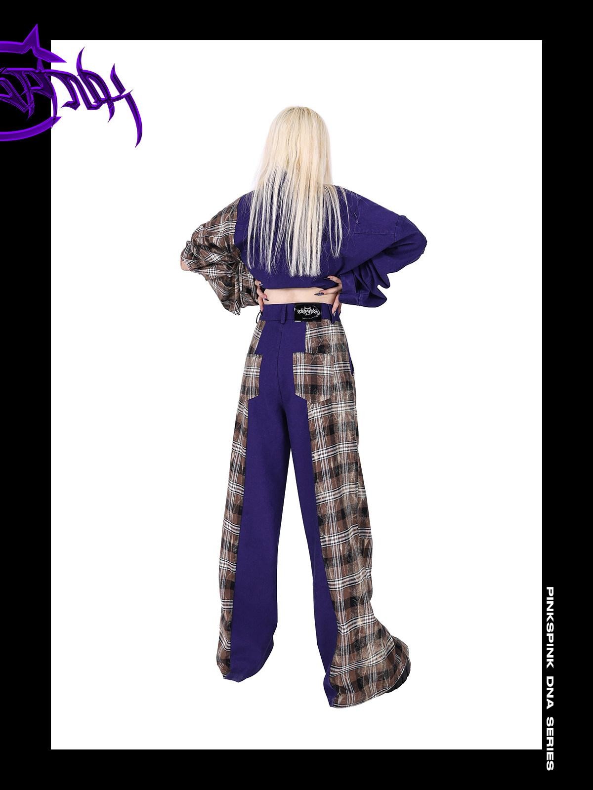 PINKSPINK Dream Purple Patchwork Zipper Plaid Asymmetric Pocket Women's Wide-leg Pants