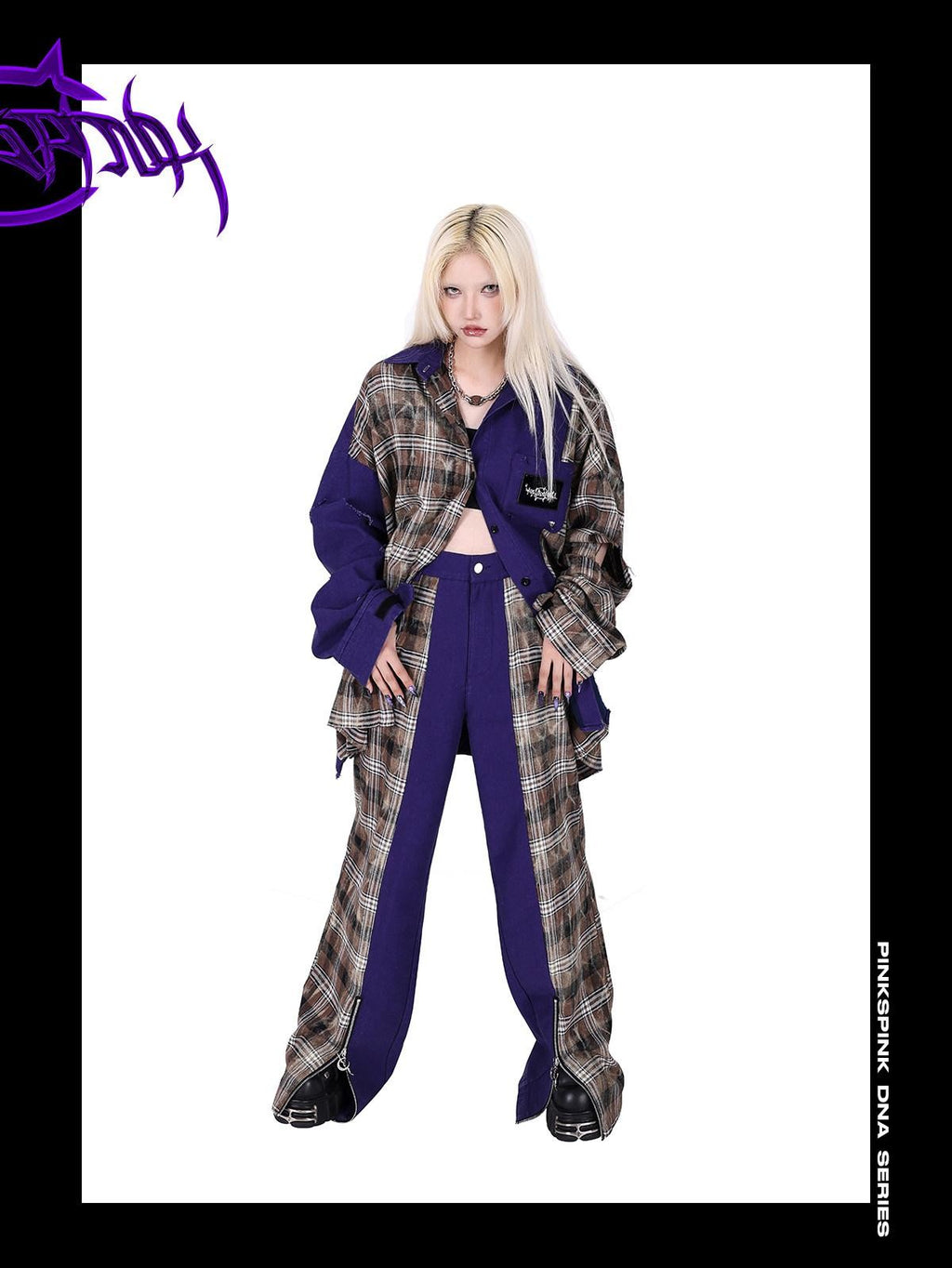 PINKSPINK Dream Purple Patchwork Zipper Plaid Asymmetric Pocket Women's Wide-leg Pants