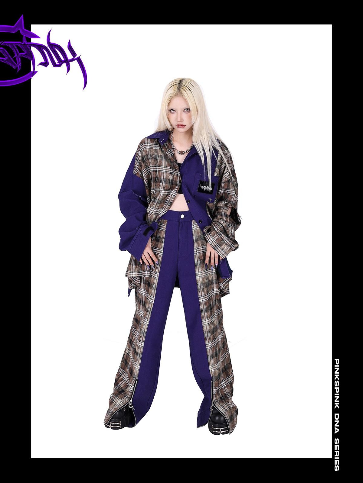 PINKSPINK Dream Purple Patchwork Zipper Plaid Asymmetric Pocket Women's Wide-leg Pants