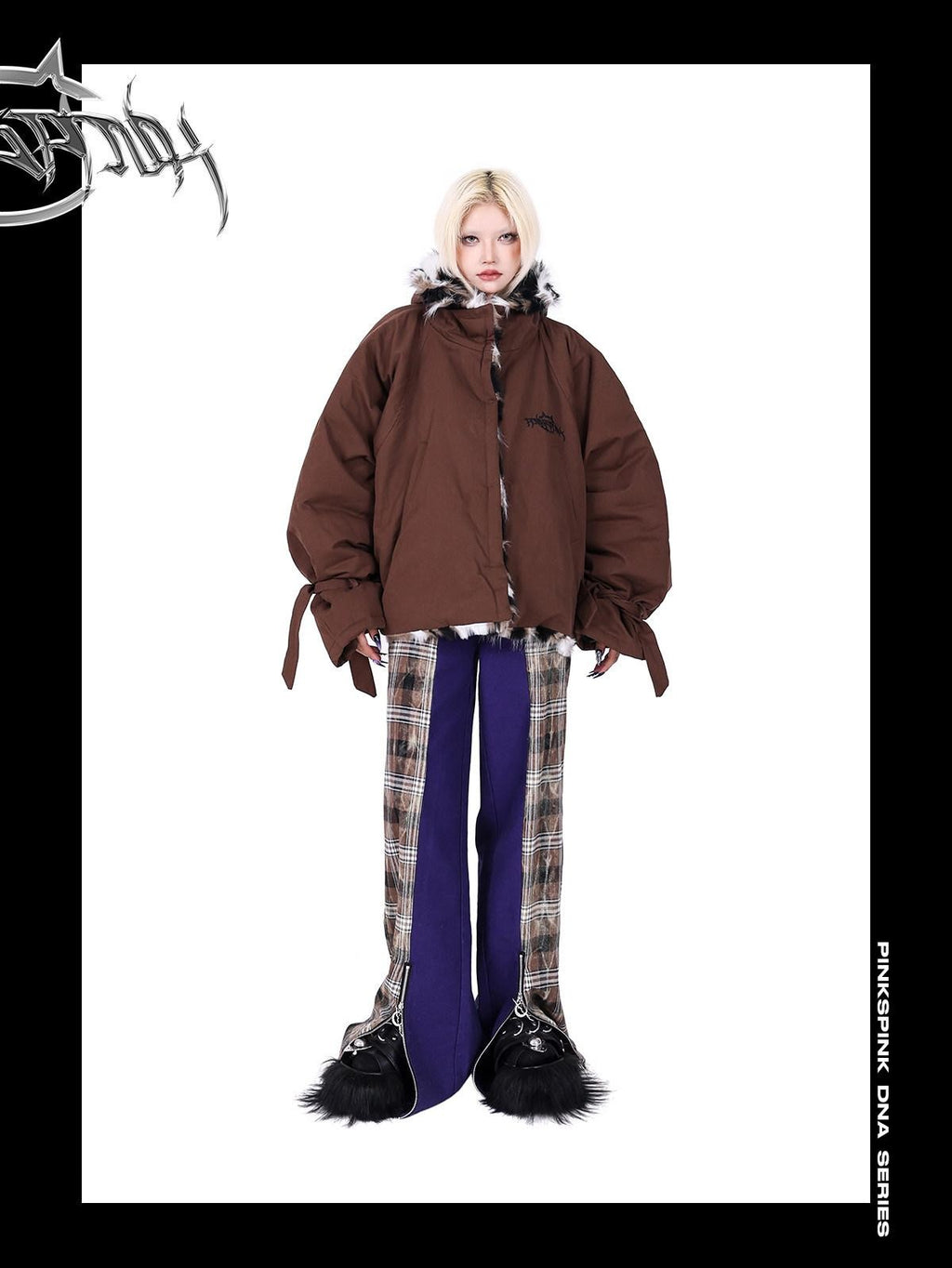 PINKSPINK Dream Purple Patchwork Zipper Plaid Asymmetric Pocket Women's Wide-leg Pants