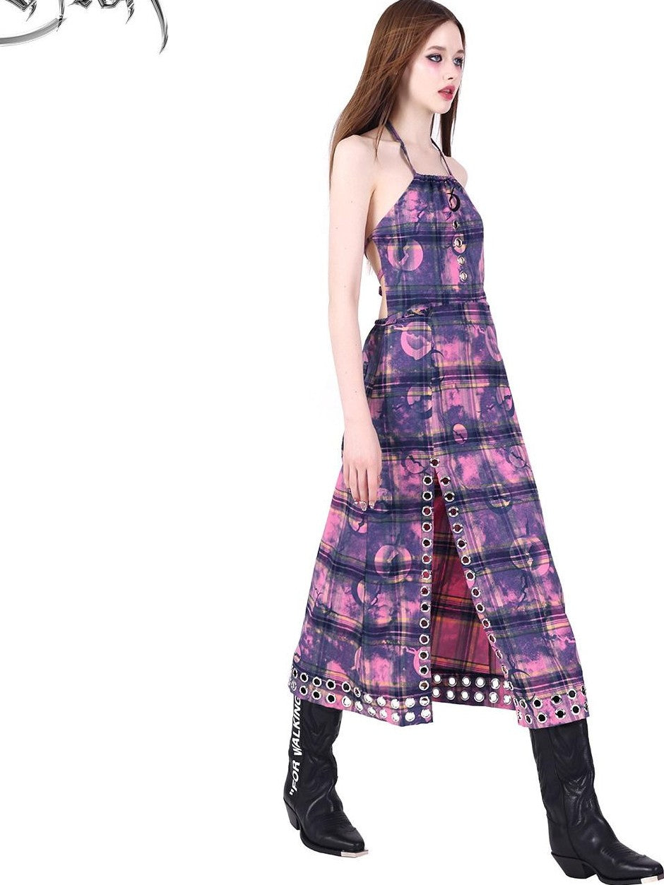 PINKSPINK Dusty Pink Checkered Metal Structure Slit Lace Up Women's Halter Maxi Dresses