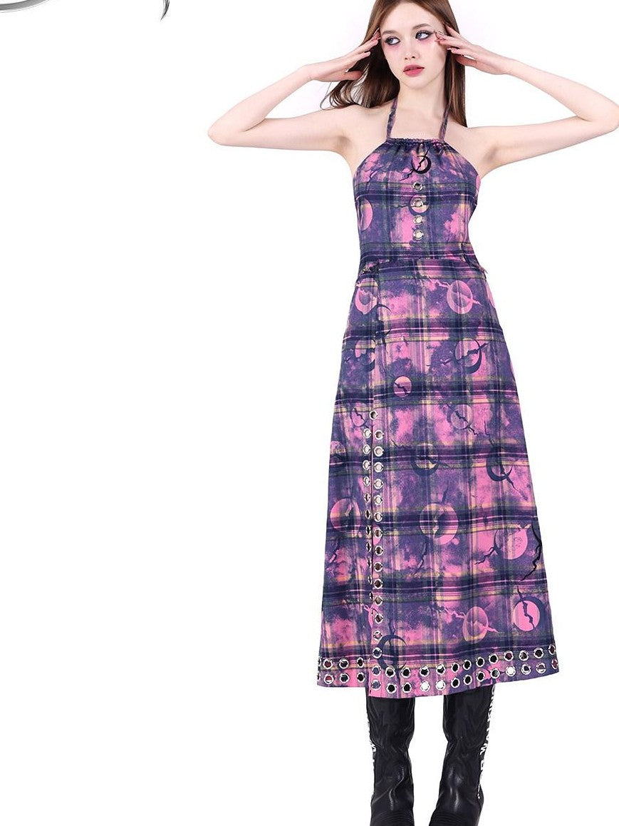 PINKSPINK Dusty Pink Checkered Metal Structure Slit Lace Up Women's Halter Maxi Dresses