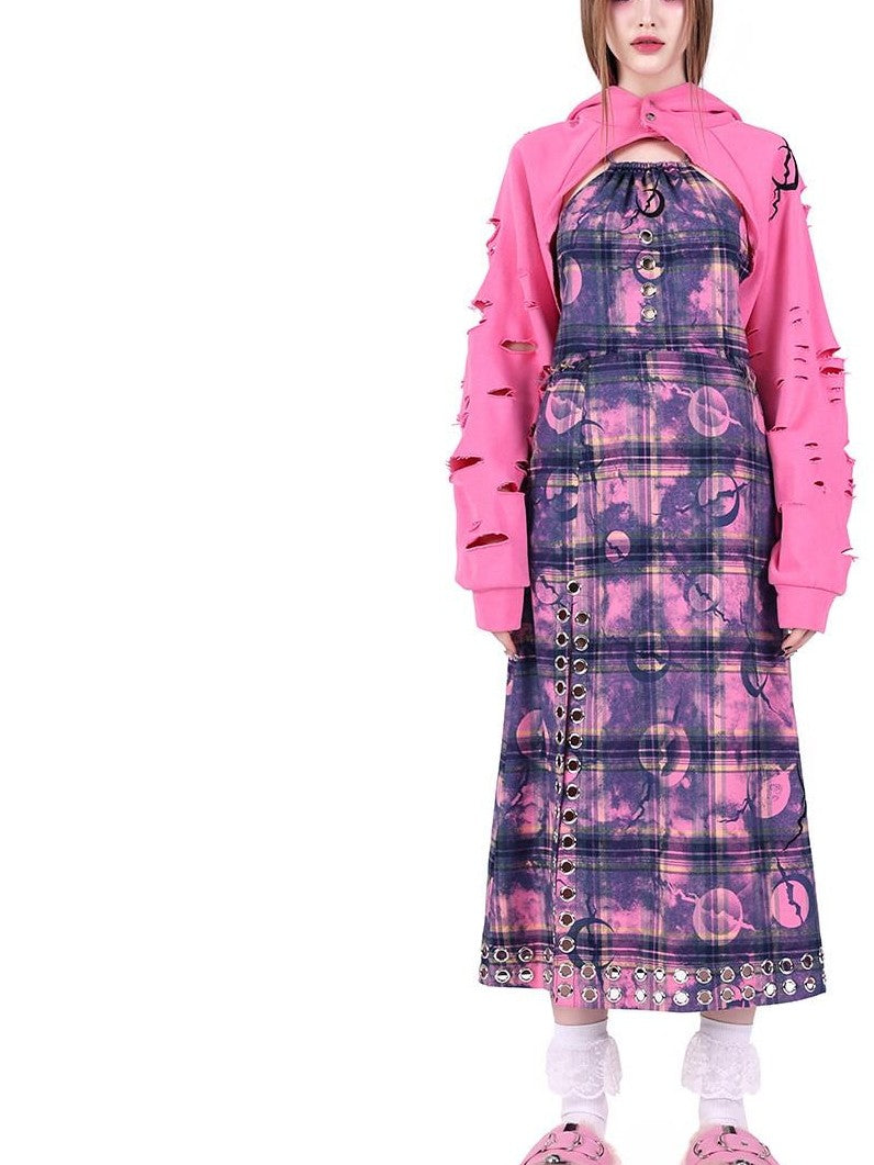 PINKSPINK Dusty Pink Checkered Metal Structure Slit Lace Up Women's Halter Maxi Dresses