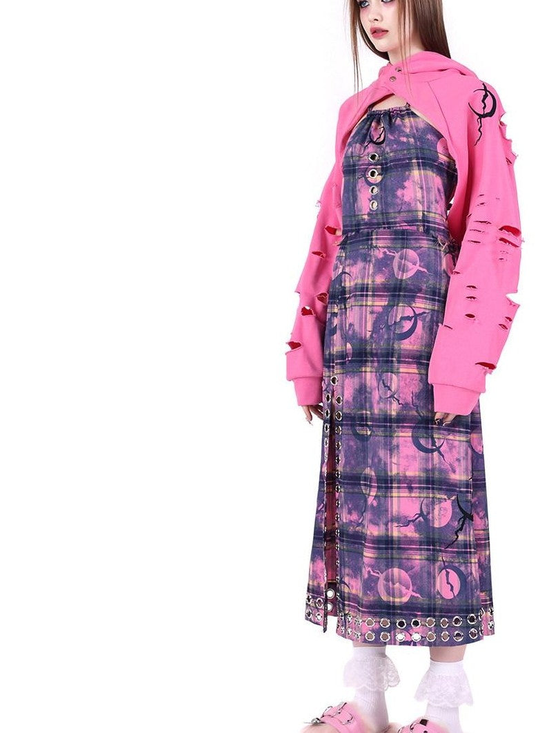 PINKSPINK Dusty Pink Checkered Metal Structure Slit Lace Up Women's Halter Maxi Dresses