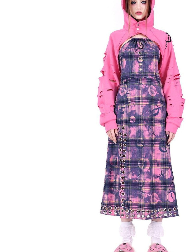 PINKSPINK Dusty Pink Checkered Metal Structure Slit Lace Up Women's Halter Maxi Dresses