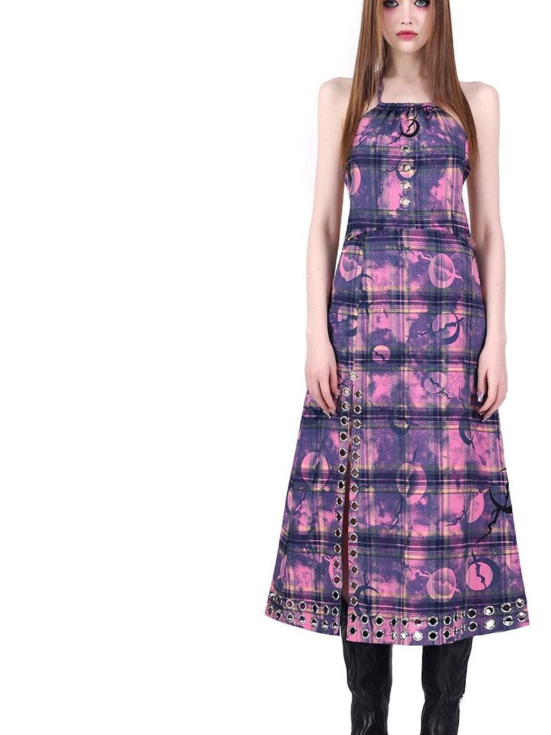 PINKSPINK Dusty Pink Checkered Metal Structure Slit Lace Up Women's Halter Maxi Dresses