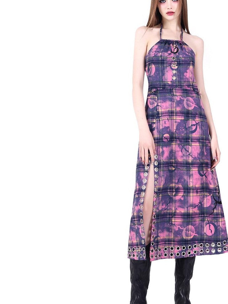 PINKSPINK Dusty Pink Checkered Metal Structure Slit Lace Up Women's Halter Maxi Dresses