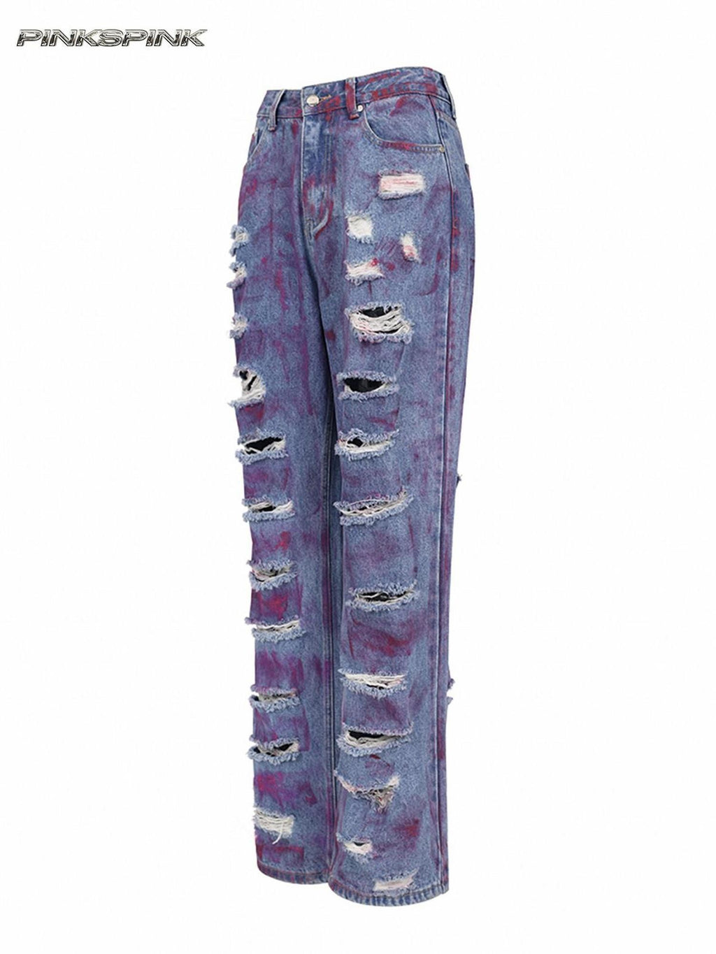 PINKSPINK Dusty Pink Coated Irregular Loose Low Waist Women's Denim Ripped Jeans