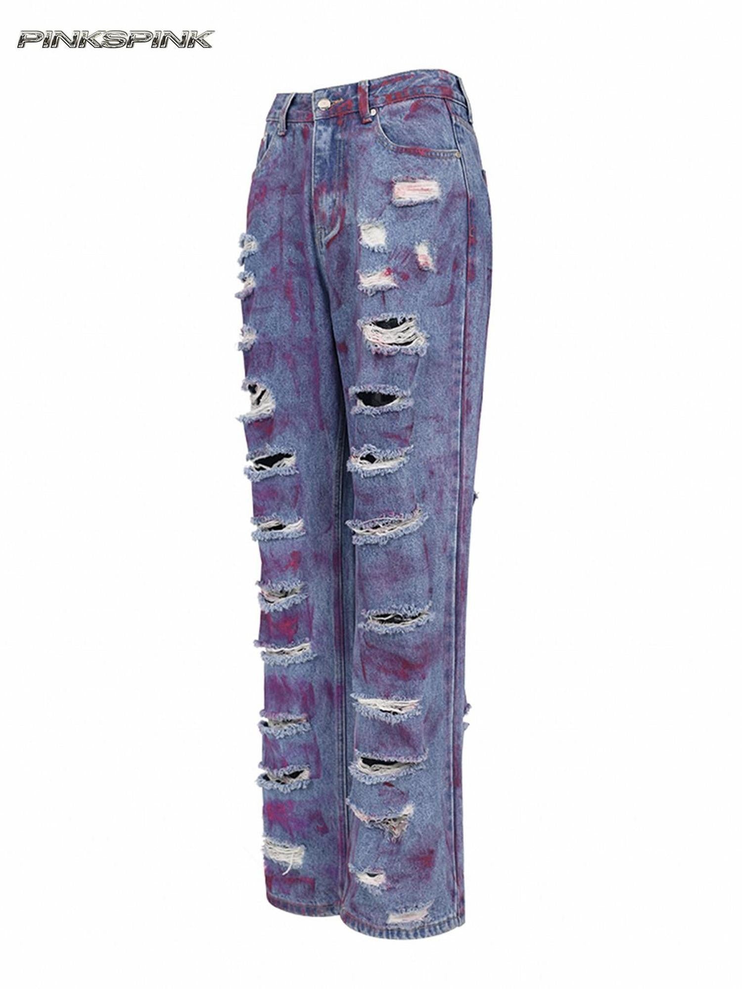 PINKSPINK Dusty Pink Coated Irregular Loose Low Waist Women's Denim Ripped Jeans