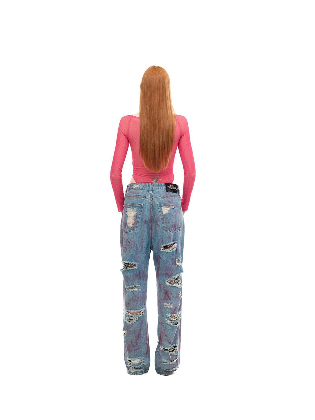 PINKSPINK Dusty Pink Coated Irregular Loose Low Waist Women's Denim Ripped Jeans