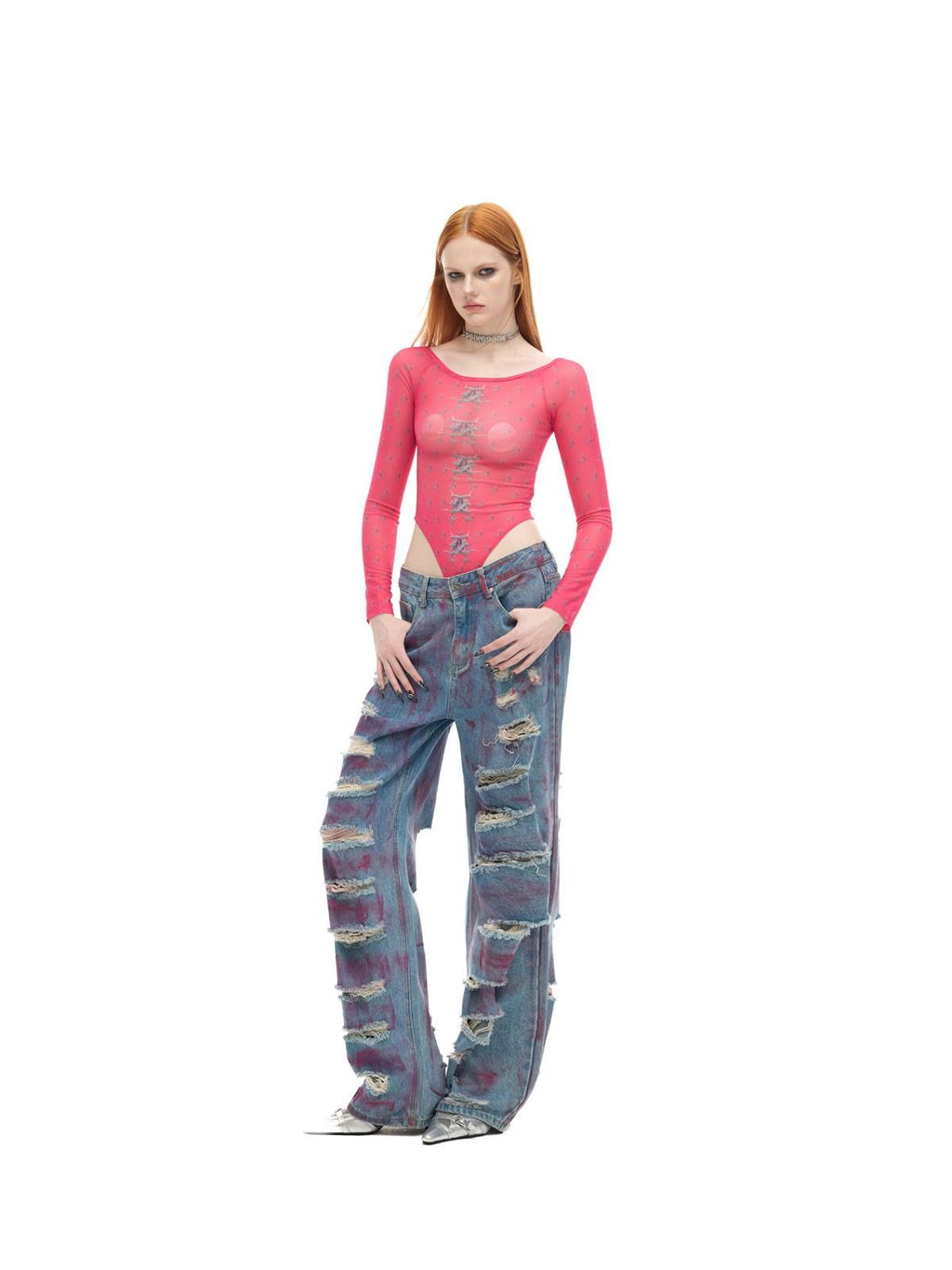 PINKSPINK Dusty Pink Coated Irregular Loose Low Waist Women's Denim Ripped Jeans