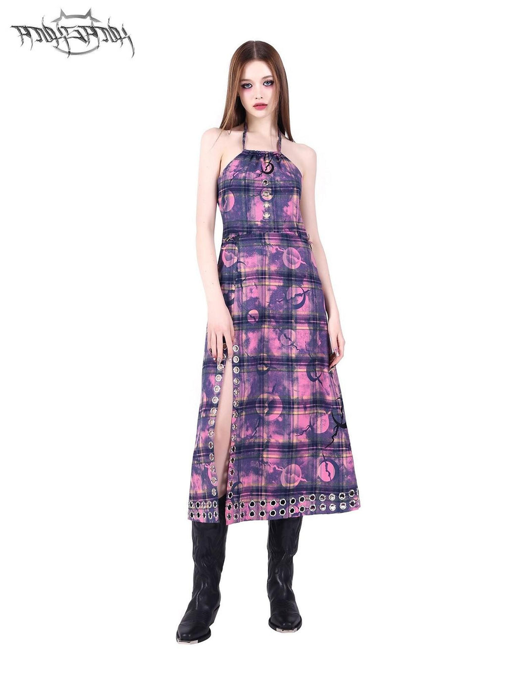 PINKSPINK Dusty Pink Cutout Metal Check Tie Women's Cotton Halter Maxi Dresses